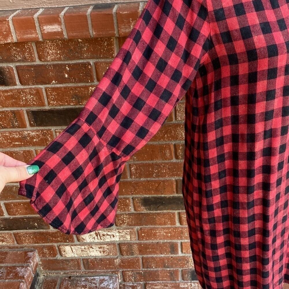 Cloth & Stone Red Buffalo Check Bell Sleeve Midi Dress Anthropologie Small - Picture 3 of 7